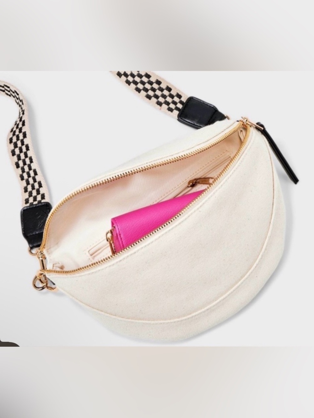 Universal Thread Cream Canvas Crescent Crossbody with Black Checkered Strap - Picture 5 of 5
